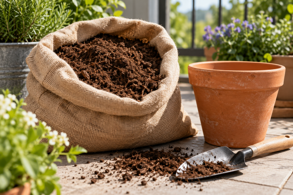 Offener unbeschrifteter Sack mit faserigem Pflanzsubstrat neben leerem Terrakottatopf und Handschaufel.