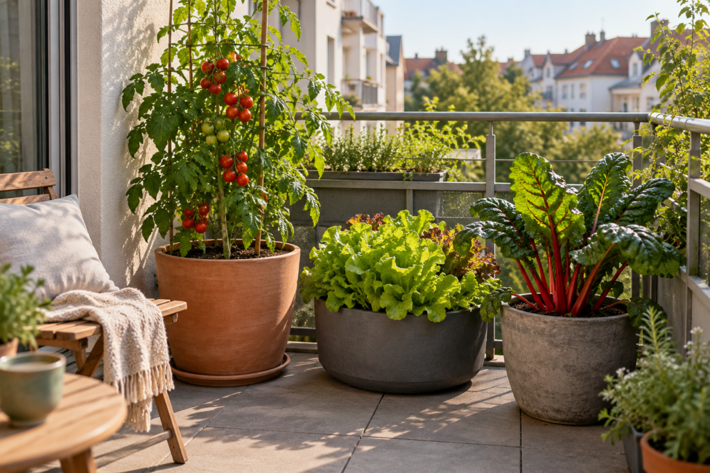 Tomate mit Stütze, Salat und Mangold in drei großen Kübeln auf einem Stadtbalkon.