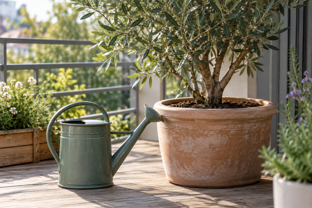 Gießkanne neben dem Fuß eines großen Terrakottakübels mit einem kleinen Baum auf dem Balkon.