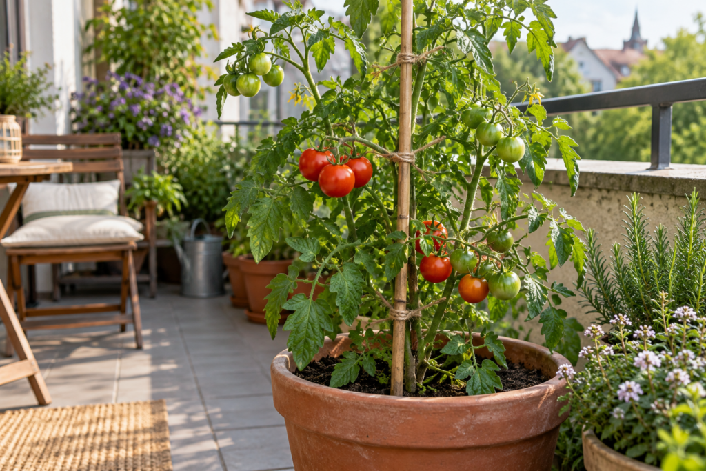 Tomatenpflanze mit grünen und roten Früchten, locker an einer Bambusstütze im großen Topf befestigt.