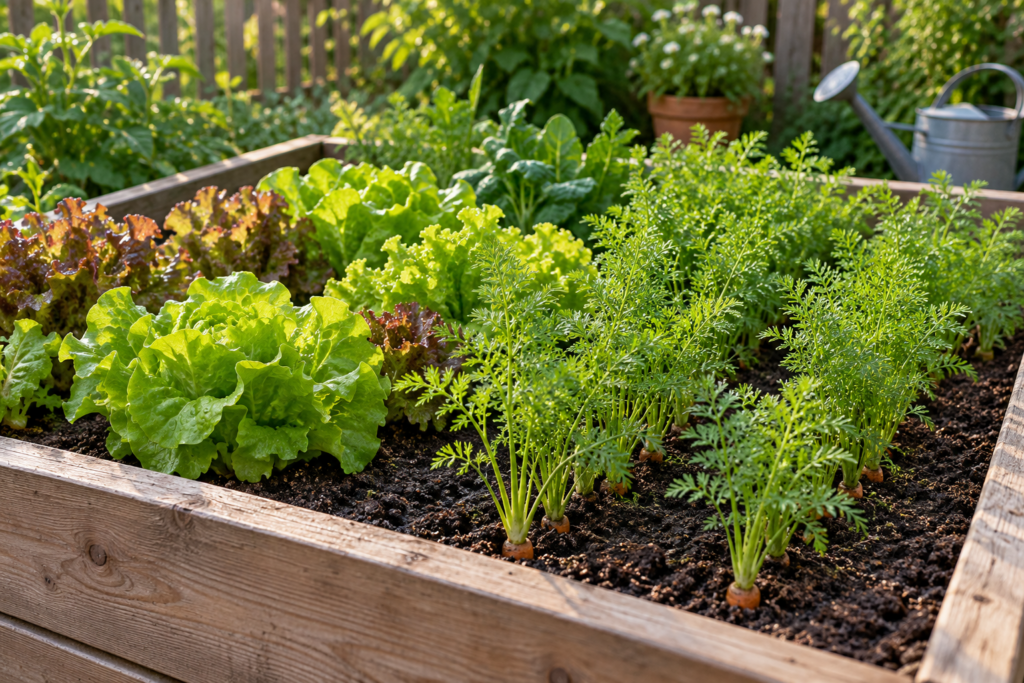 Hochbeet mit grünen und roten Salaten neben Reihen mit Karottengrün.