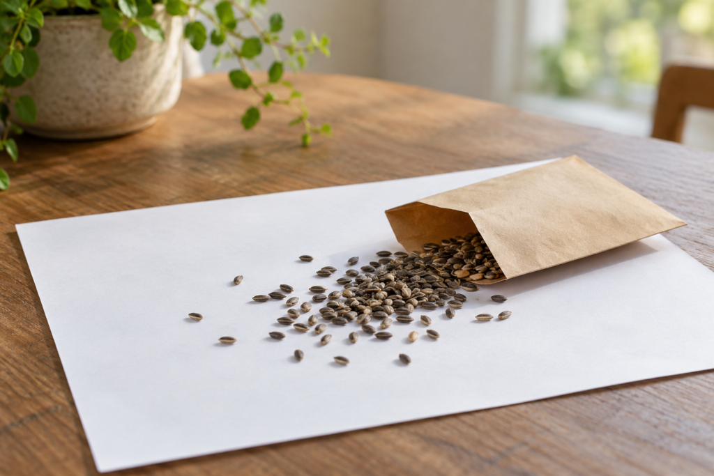 Trockene Samen auf weißem Papier neben einem offenen unbeschrifteten Papierumschlag.