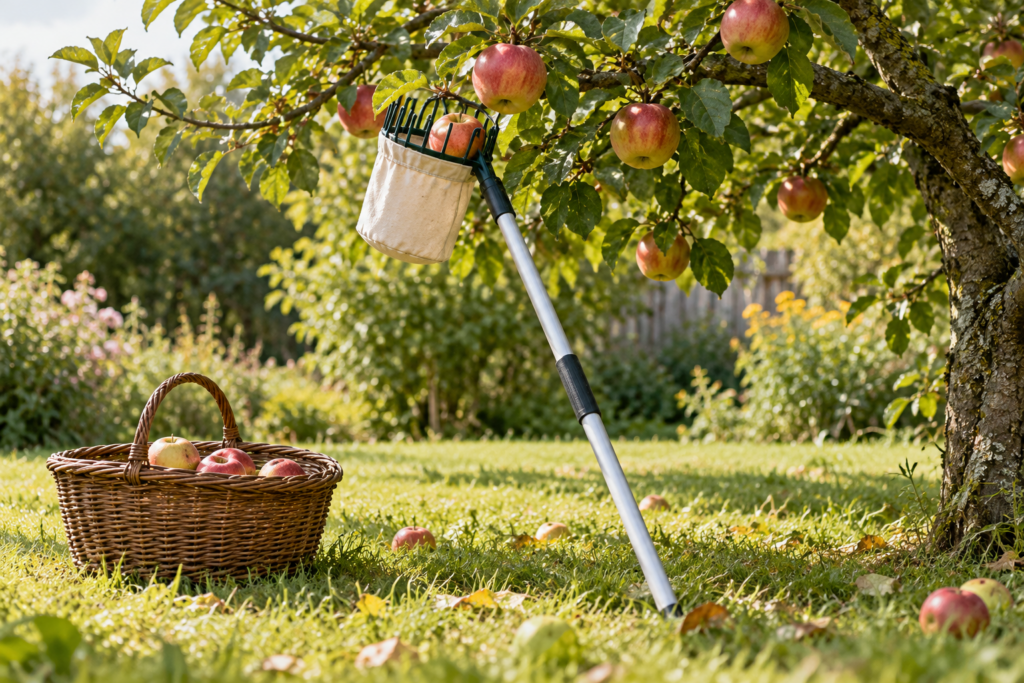 Obstpflücker mit Stoffbeutel an einem niedrigen Apfelzweig, daneben ein Korb mit Äpfeln im Gras.