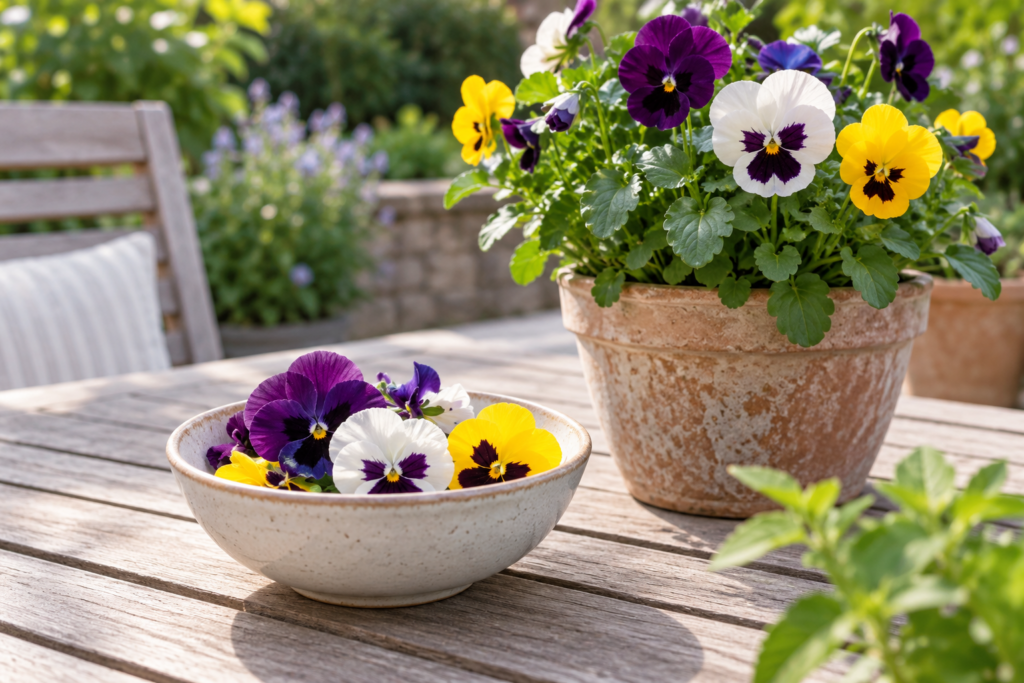 Violette, weiße und gelbe Blüten in einer kleinen Schale neben einer blühenden Topfpflanze auf einem Gartentisch.