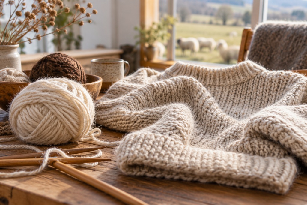 Wollknäuel, Stricknadeln und ein grob gestricktes Kleidungsstück auf einem Tisch.