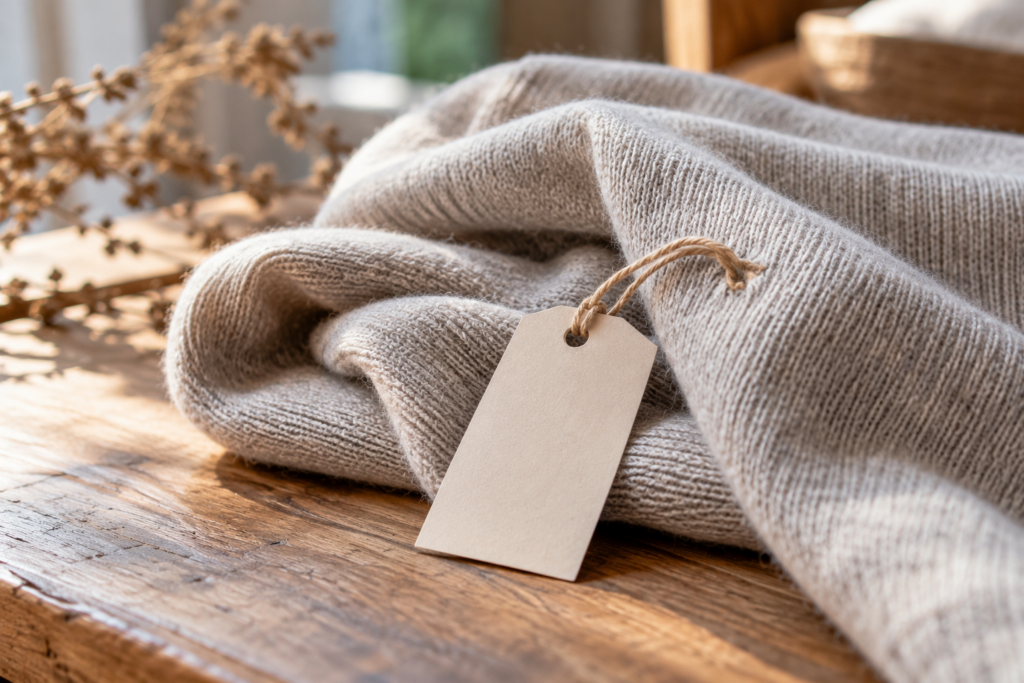 Ein heller feiner Strickstoff mit einem unbeschrifteten Anhänger.