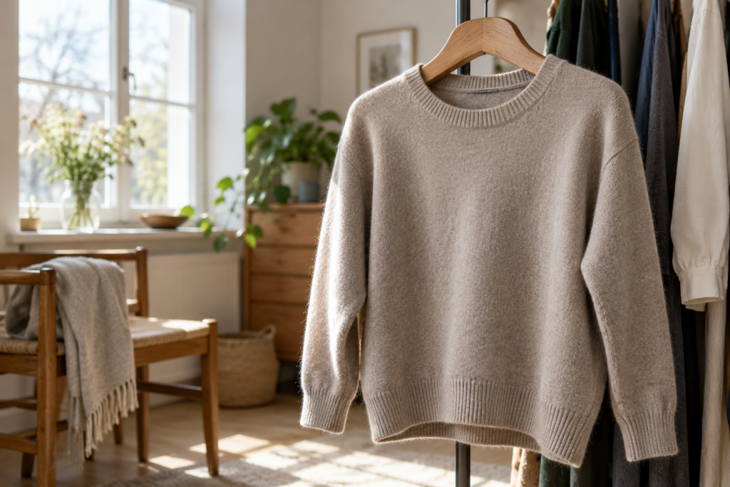 Ein beigefarbener Strickpullover hängt auf einem Holzbügel vor einem Kleiderständer.