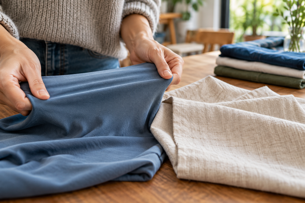 Zwei Hände dehnen einen blauen textilen Stoff über einem Tisch mit weiteren Stoffen.