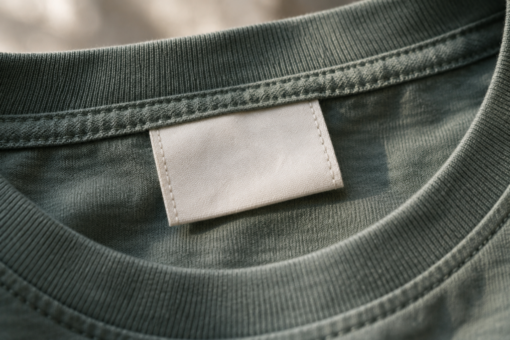Ein unbeschriftetes Textiletikett ist im Kragen eines dunkelgrünen Kleidungsstücks eingenäht.