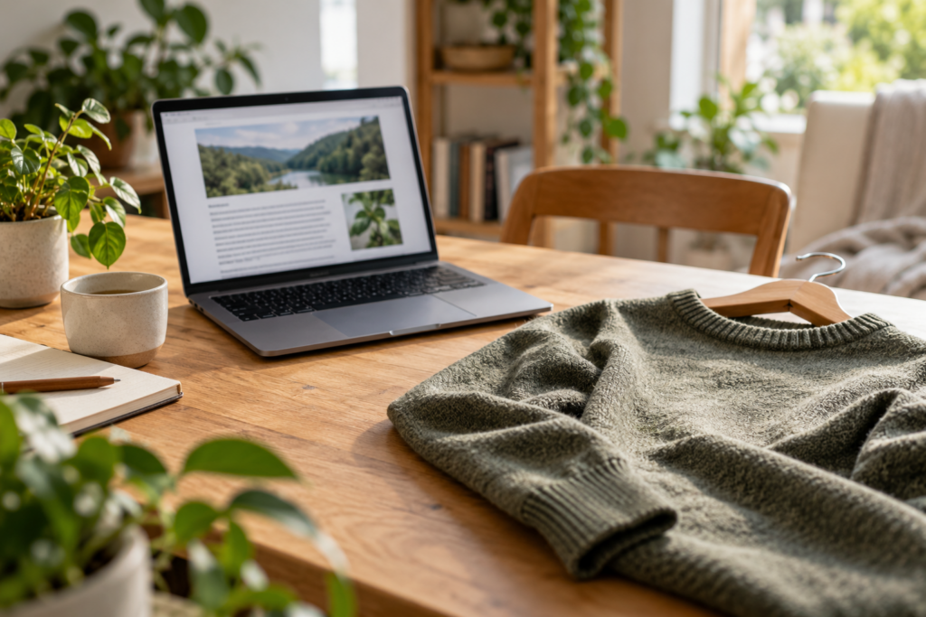 Ein Laptop mit unscharfer Berichtsseite steht neben einem Strickpullover und einem Notizbuch.