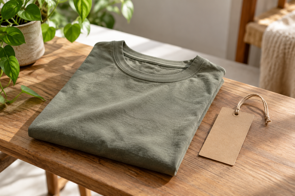 Ein gefaltetes grünes Shirt liegt neben einem unbeschrifteten Produktanhänger.