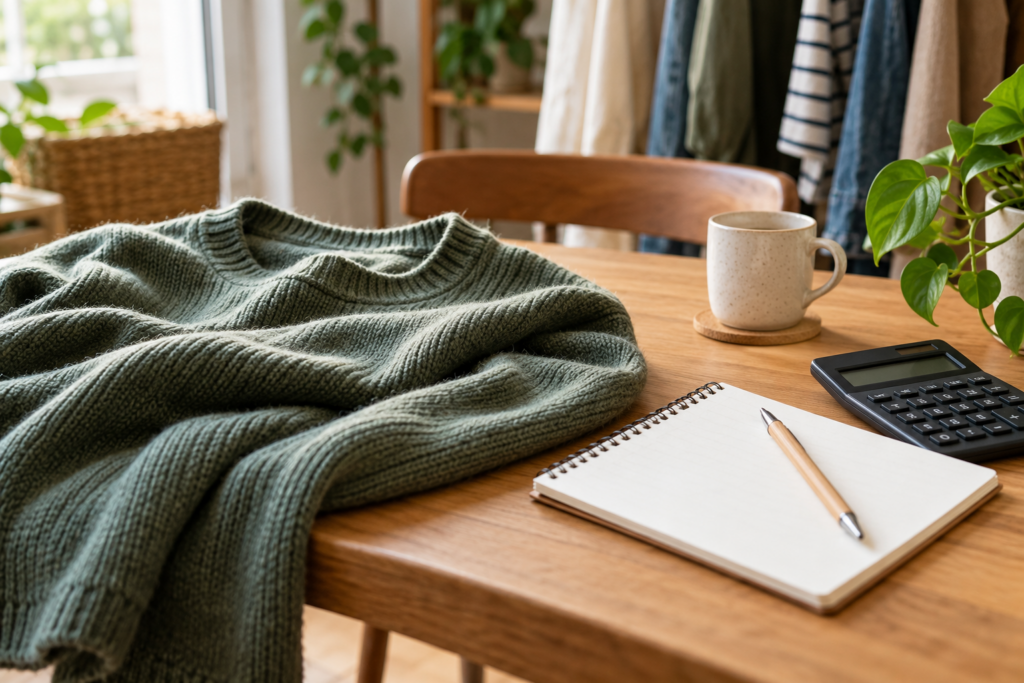 Ein getragener Strickpullover liegt neben einem leeren Notizbuch und einem Taschenrechner.