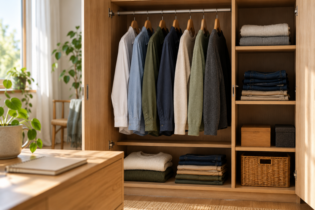 Ein geöffneter Kleiderschrank enthält geordnete Hemden, Pullover und Hosen; auf einer Ablage liegt ein Notizbuch.