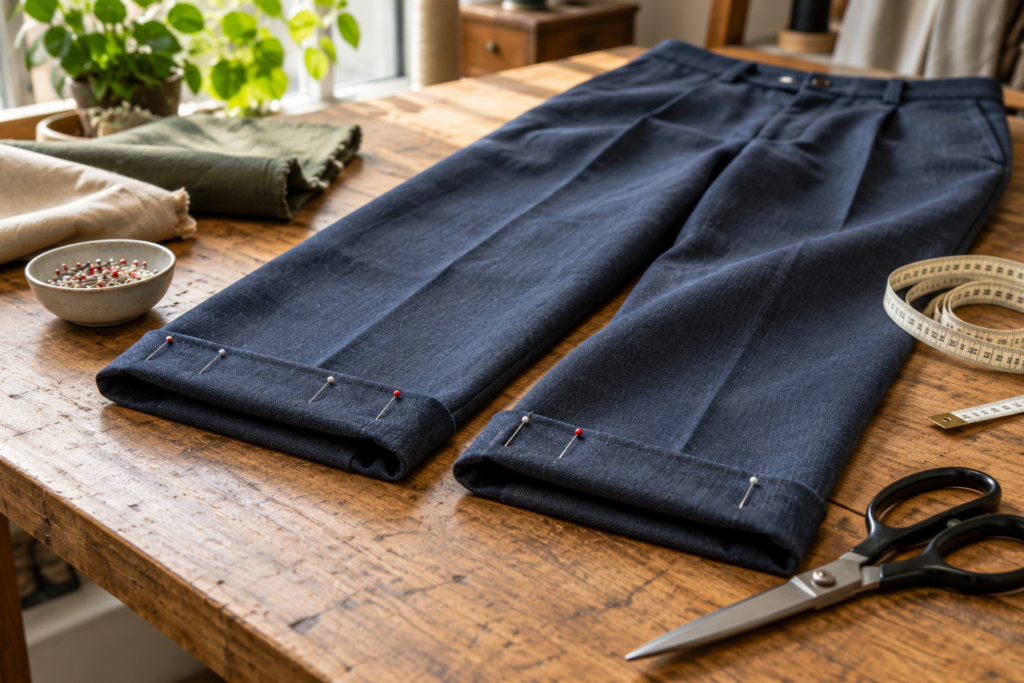 Eine Hose mit umgeschlagenen und abgesteckten Säumen liegt neben Maßband und Schere auf einem Schneidertisch.