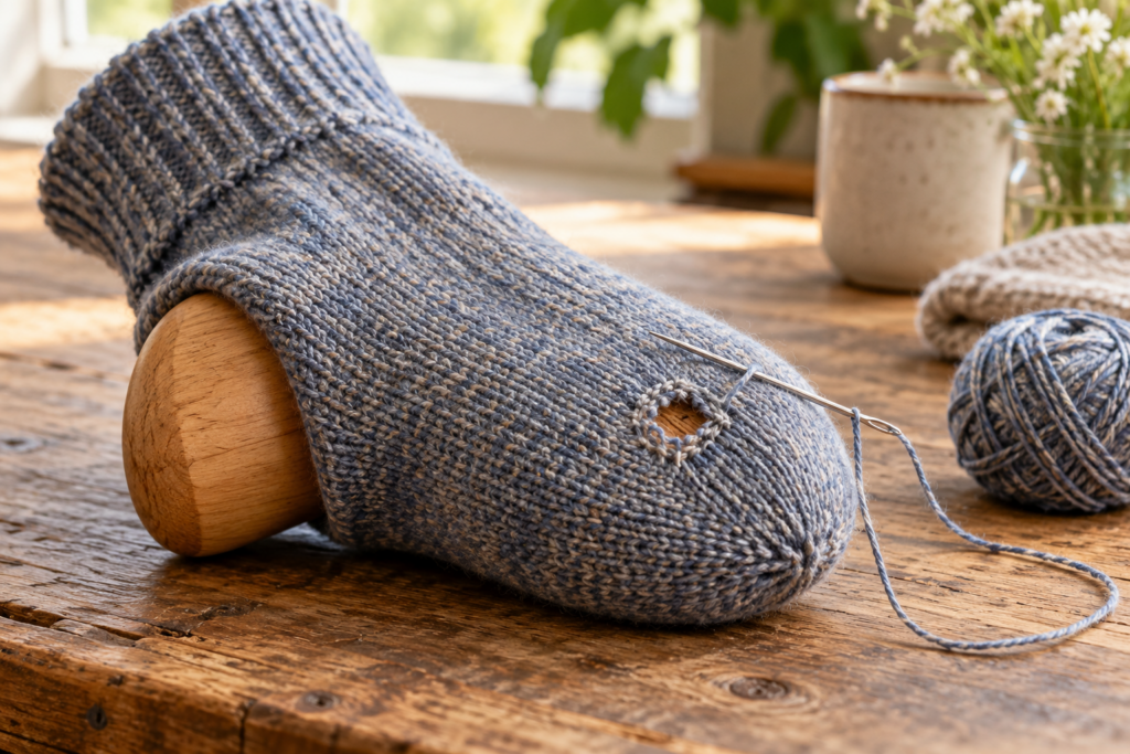 Eine gestrickte Socke mit einem kleinen Loch liegt über einer hölzernen Stopfunterlage neben Nadel und Garn.