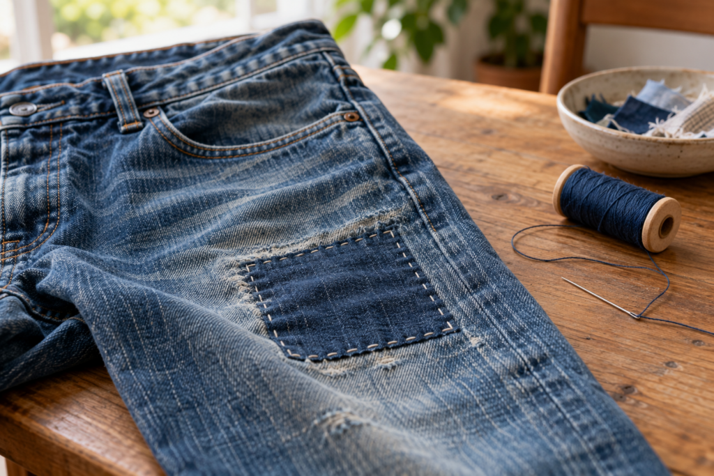 Jeans mit sichtbar aufgenähtem Stoffflicken neben Garn und einer flach abgelegten Nähnadel.