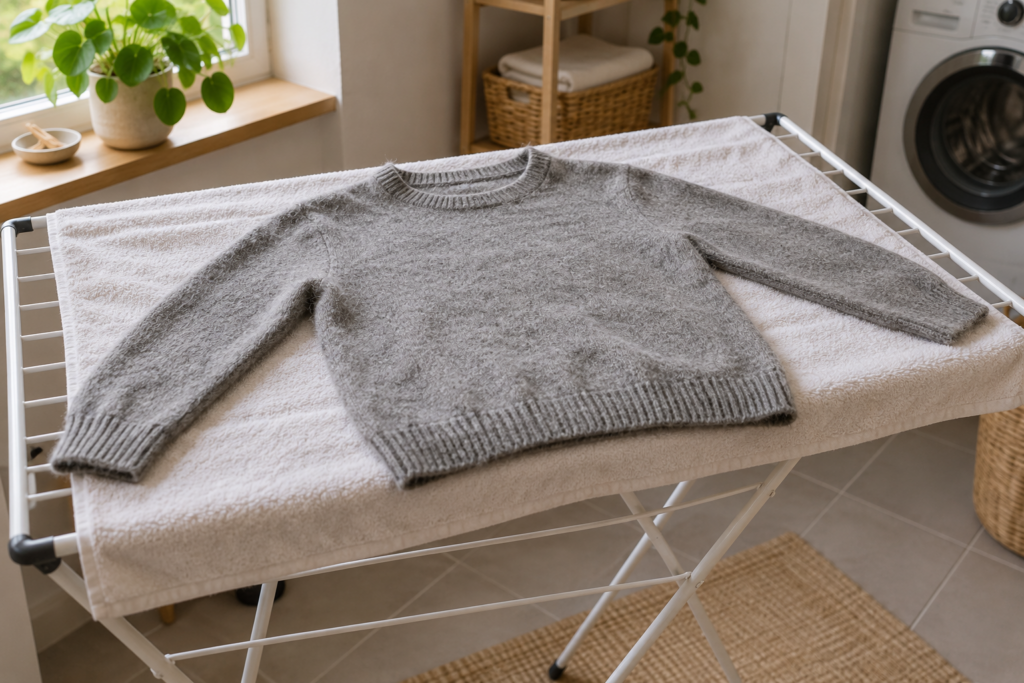 Grauer Strickpullover flach auf einem hellen Handtuch auf einem Wäscheständer.
