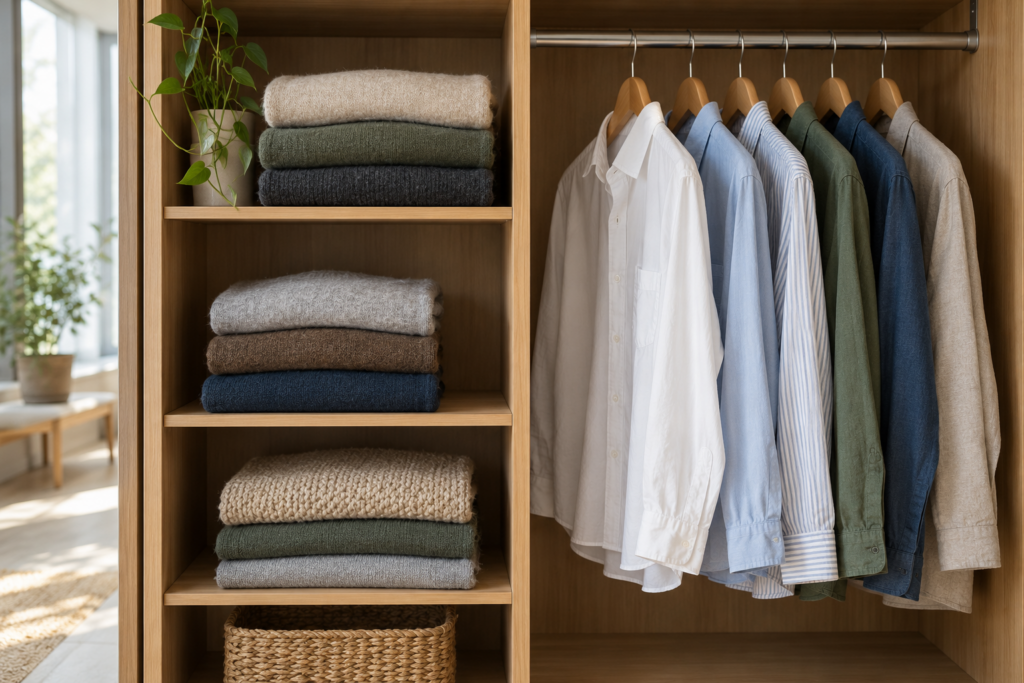 Gefaltete Strickoberteile auf Schrankböden und Hemden auf breiten Bügeln in einem offenen Kleiderschrank.