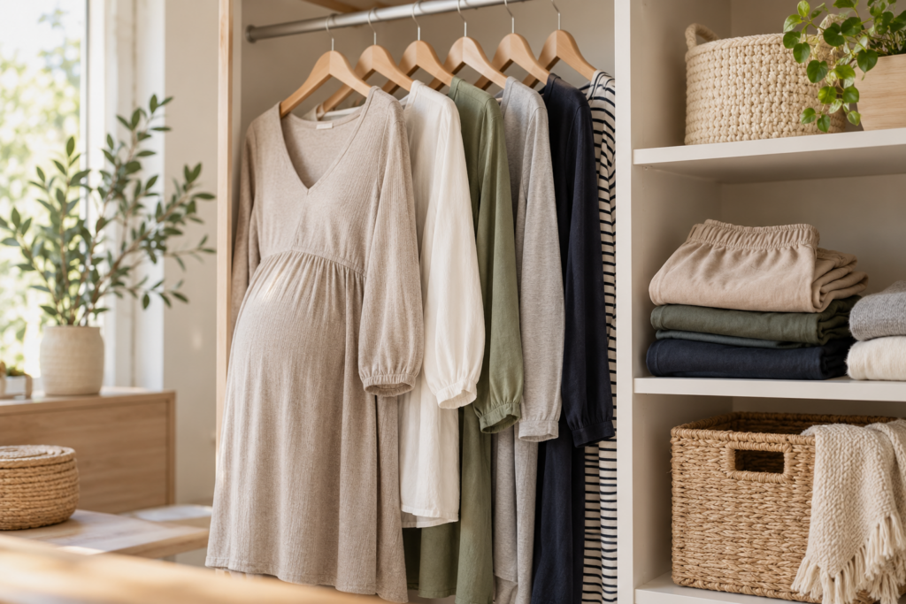 Wenige locker geschnittene Kleidungsstücke auf Bügeln und gefaltete Hosen im offenen Kleiderschrank.