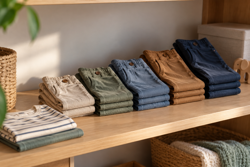 Gefaltete Kinderhosen in verschiedenen Größen und ein kleines gestreiftes Oberteil auf einem Regal.