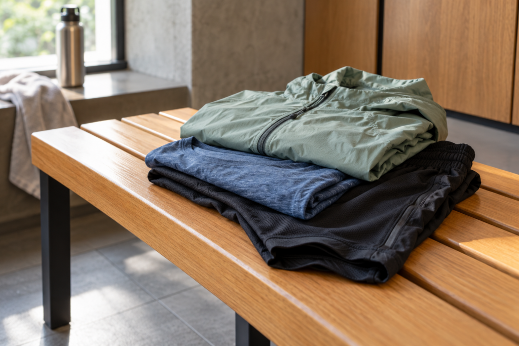 Gefaltetes Sportshirt, leichte Jacke und kurze Hose auf einer Holzbank.
