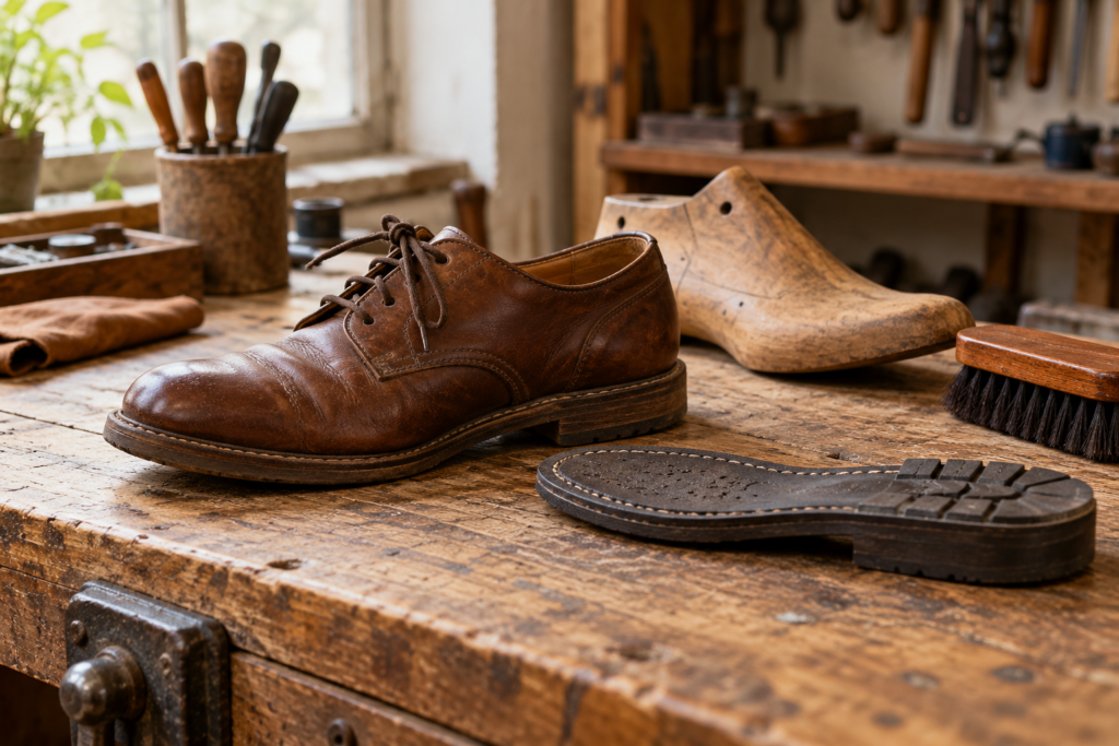 Gebrauchter brauner Schnürschuh neben einer einzelnen Schuhsohle, einem Holzleisten und einer Bürste auf einer Werkbank.