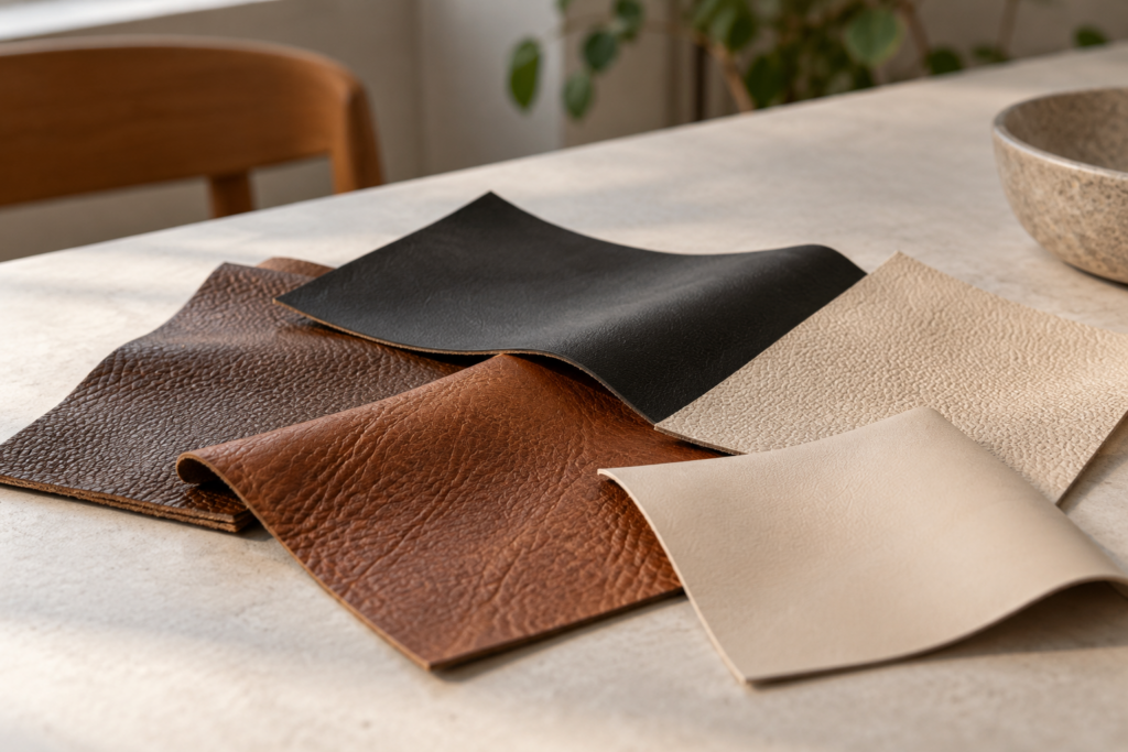 Unbeschriftete flexible Materialmuster in Braun, Schwarz und Beige mit glatten und genarbten Oberflächen auf einem Tisch.