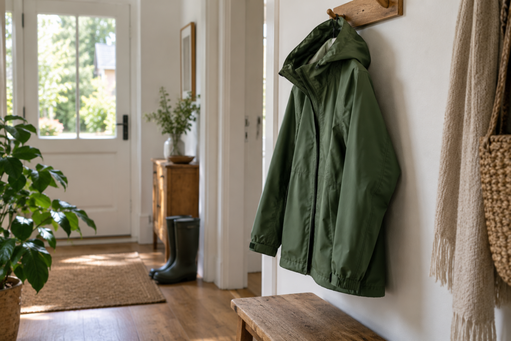 Grüne Jacke mit Kapuze hängt an einer Holzgarderobe in einem hellen Eingangsbereich.