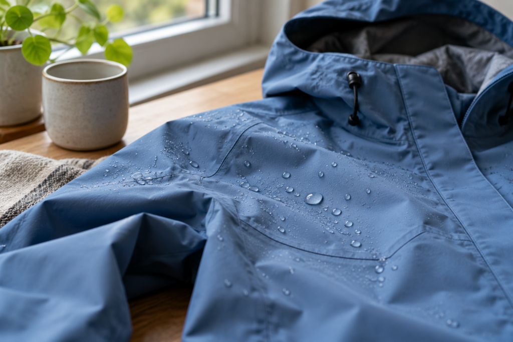 Blaue Jacke mit sichtbaren Wassertropfen auf dem Stoff liegt neben einem Fenster.