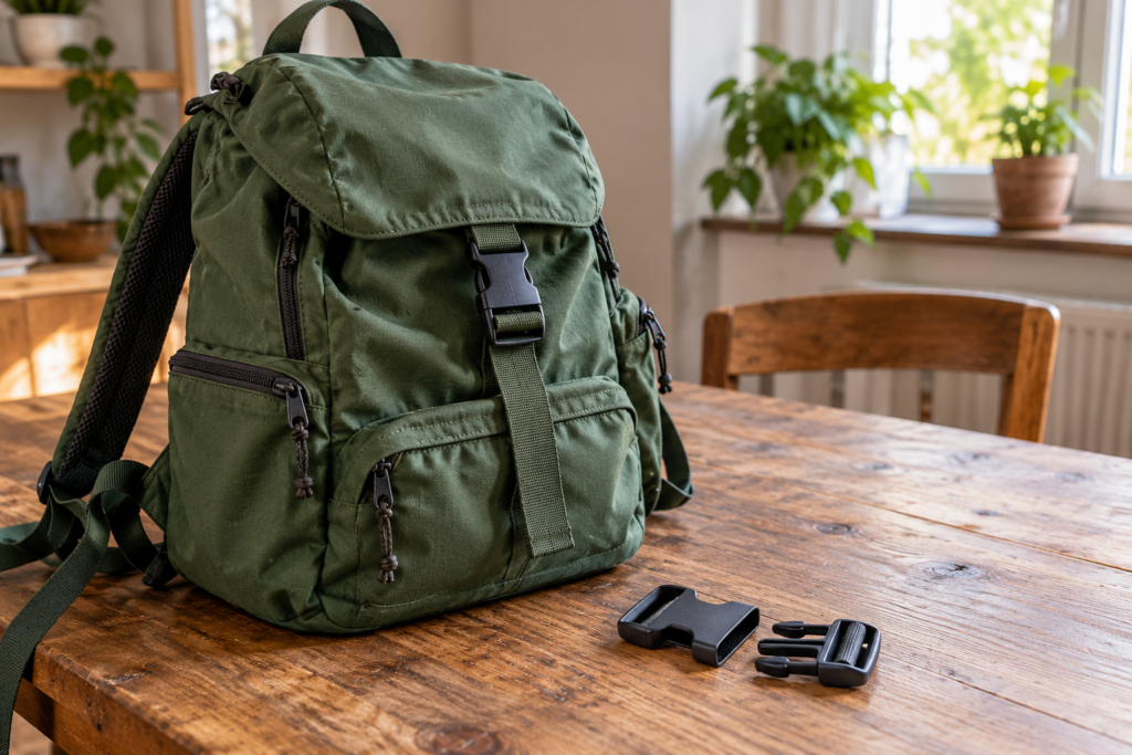Getragener grüner Rucksack auf einem Holztisch neben zwei getrennten Teilen einer Ersatzschnalle.