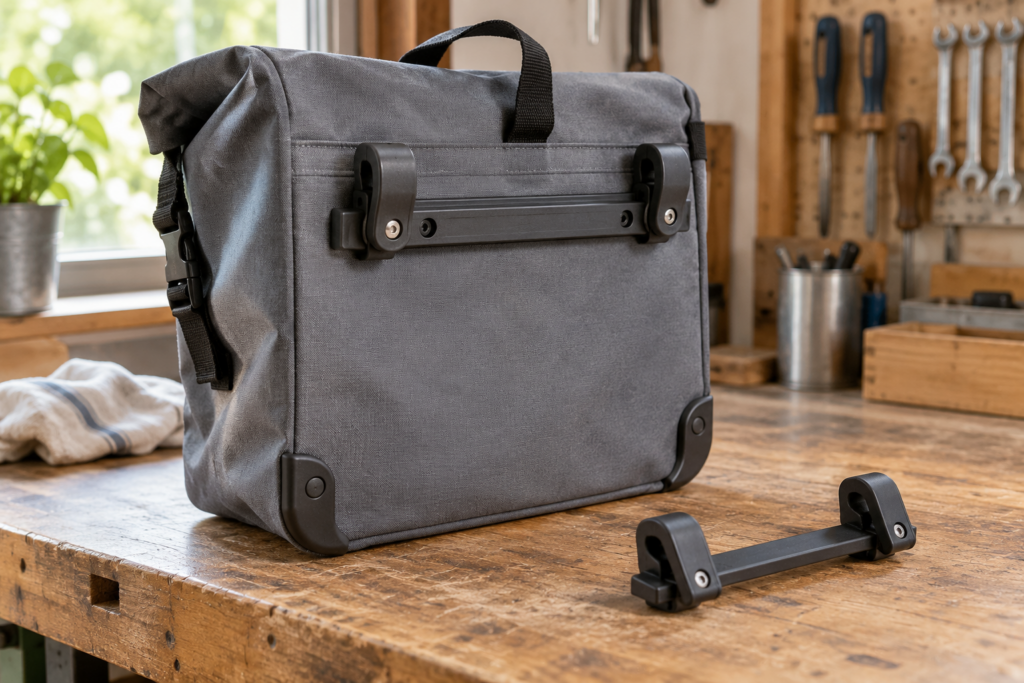 Abgenommene graue Fahrradtasche mit sichtbarer Halteschiene und danebenliegendem Ersatzteil.