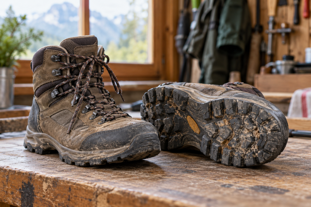 Zwei gebrauchte Wanderschuhe auf einer Werkbank, einer mit sichtbar abgenutzter Laufsohle.