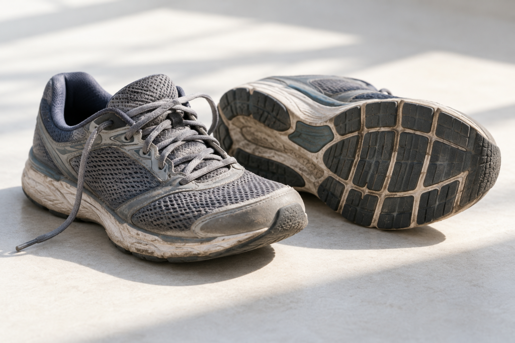 Getragene Laufschuhe auf heller Unterlage, einer seitlich mit sichtbarem Sohlenprofil.