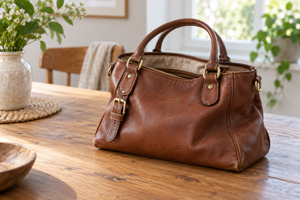 Braune Handtasche mit Gebrauchsspuren, Metallbeschlägen und teilweise sichtbarem hellem Innenfutter auf einem Holztisch.