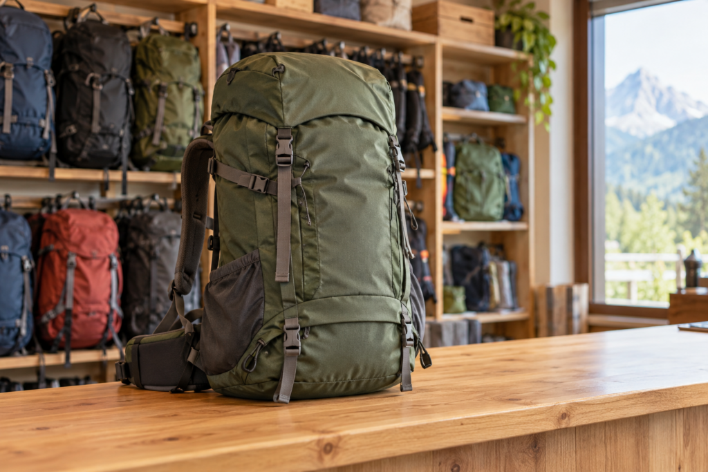 Grüner Wanderrucksack auf einem Holztresen vor einem Regal mit weiteren Rucksäcken.