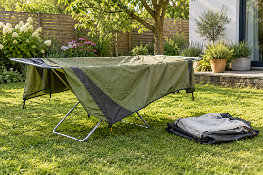 Grüne Zelthaut über einem Wäscheständer im Garten und separat abgelegtes Innenzelt daneben.