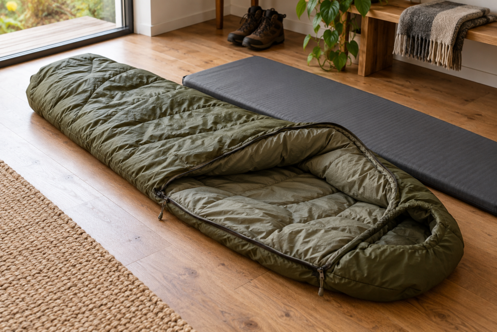 Geöffneter olivfarbener Schlafsack neben einer grauen Campingmatte auf einem sauberen Innenboden.