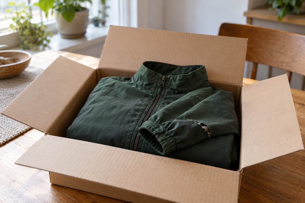 Gefaltete dunkelgrüne Jacke mit sichtbarem Riss am Ärmel in einem geöffneten Versandkarton.