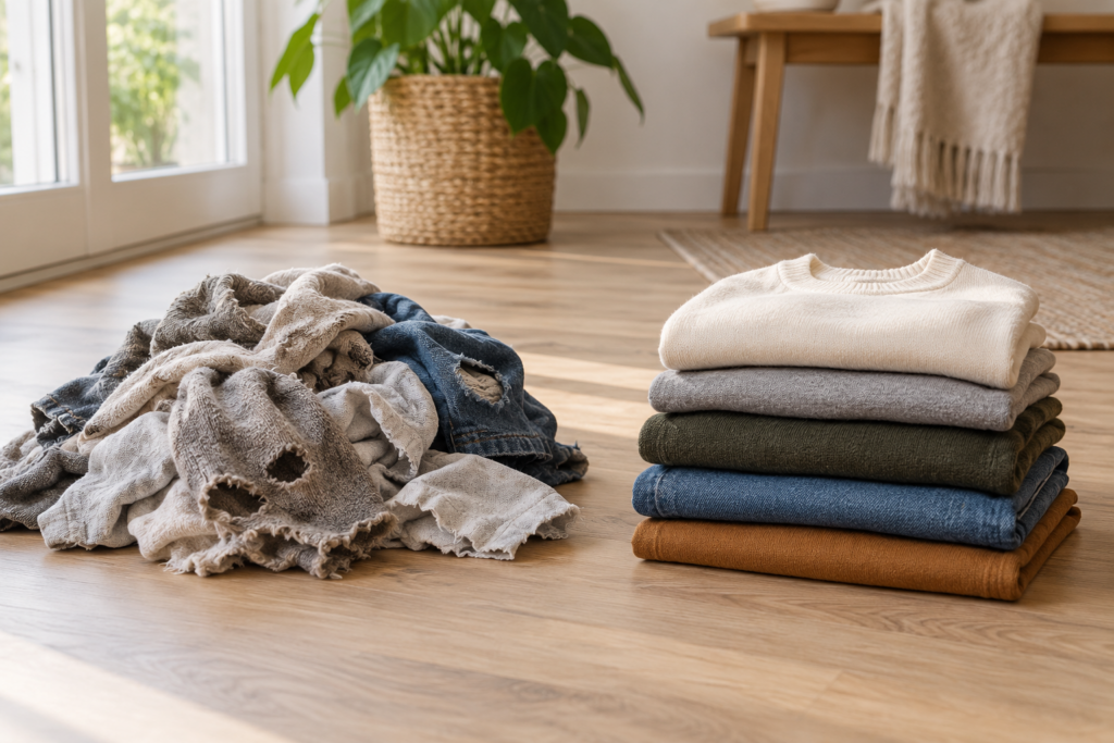 Zwei getrennte Stapel: links zerrissene Stoffstücke, rechts ordentlich gefaltete Kleidung.