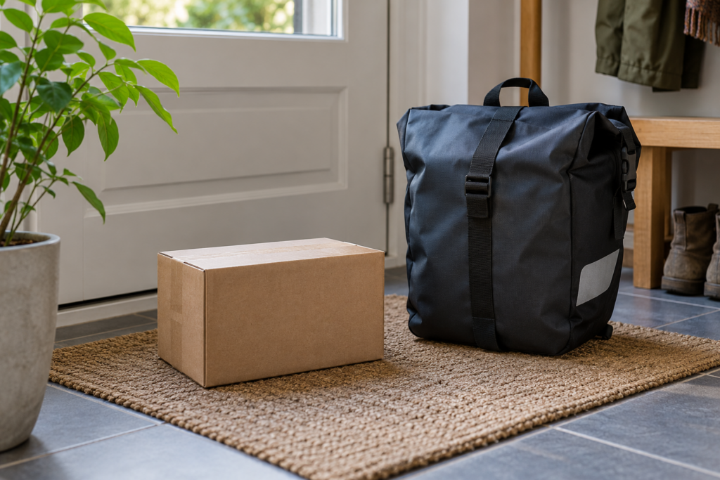 Unbeschriftetes geschlossenes Paket neben einer dunklen Fahrradtasche im Eingangsbereich.