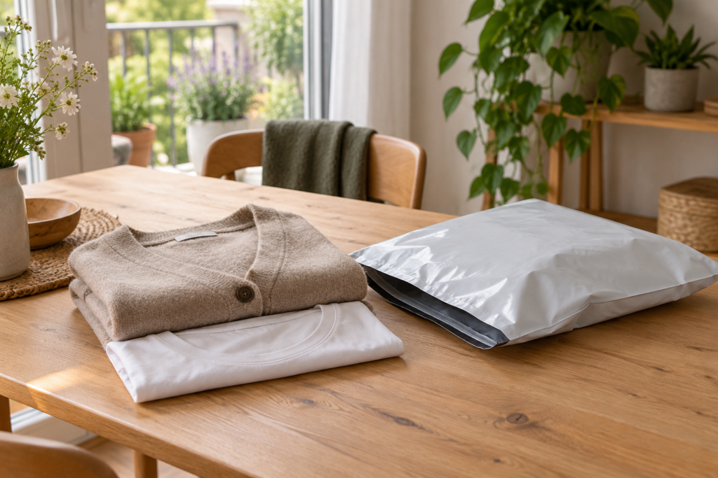 Gefaltete Strickjacke und weißes Shirt neben einer unbeschrifteten Versandtasche auf einem Tisch.