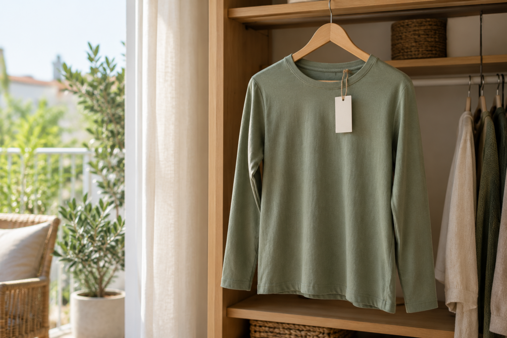 Olivgrünes Langarmshirt mit leerem Papieranhänger auf einem Holzbügel.