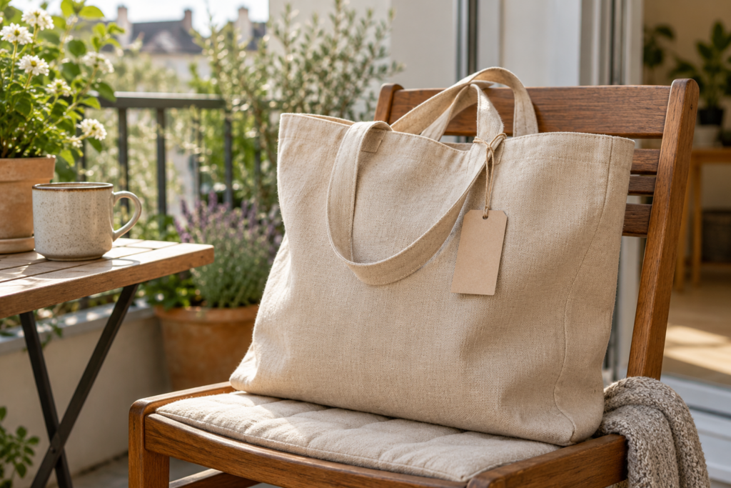 Schlichte beige Stofftasche mit unbeschriftetem Anhänger auf einem Holzstuhl.