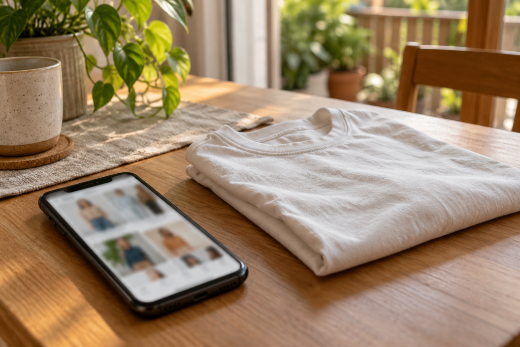Smartphone mit unscharfen Modebildern auf dem Bildschirm neben einem gefalteten weißen T-Shirt.