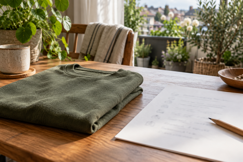 Gefalteter olivgrüner Pullover neben einem Blatt mit unleserlichen Einträgen und einem Bleistift.
