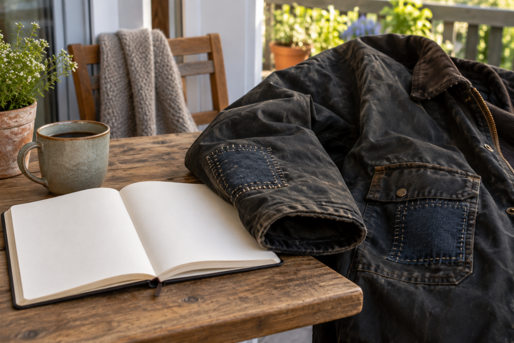 Gebrauchtes Notizbuch mit leeren Seiten neben einer dunklen Jacke mit sichtbaren Reparaturflicken.