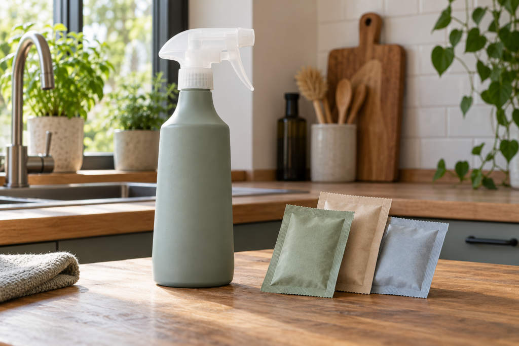 Eine wiederverwendbare Sprühflasche mit verschlossenen Nachfüllpackungen auf einer Arbeitsplatte.