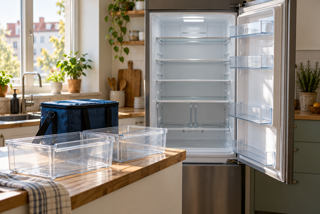 Ein ausgeräumter Kühlschrank, entnommene Schubladen und eine geschlossene Kühltasche.