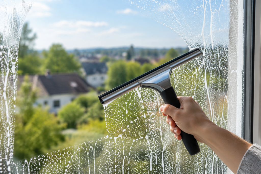 Eine Hand führt einen Fensterabzieher über eine Glasscheibe.