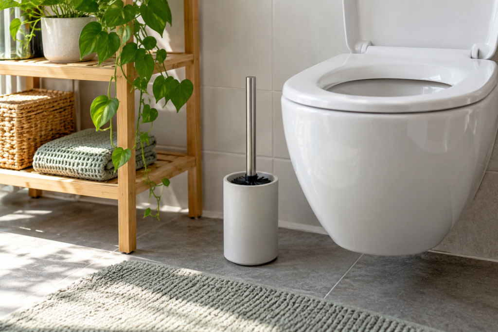 Eine schlichte WC-Bürste steht neben einer Toilette in einem hellen Badezimmer.